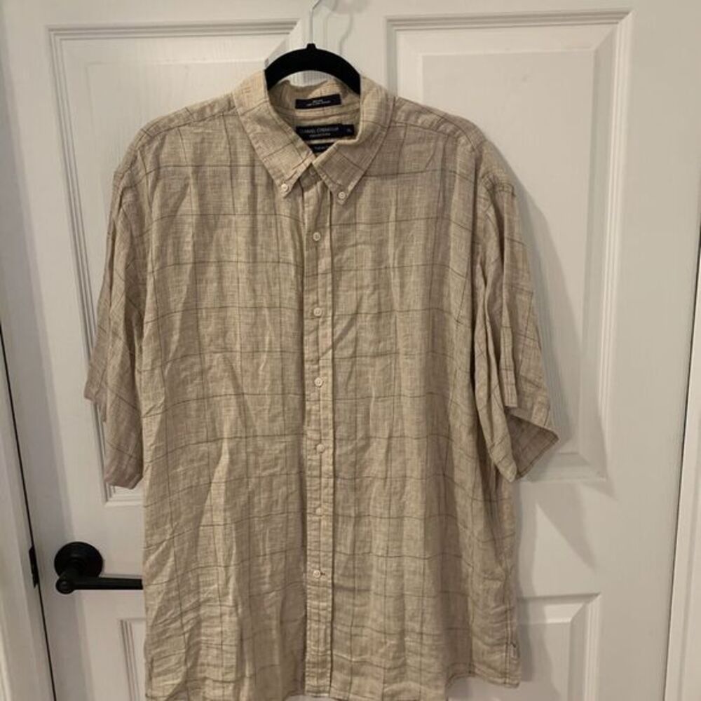 Daniel Cremieux 100% Linen Short Sleeve‎ Beige Plaid Button Down Men's Shirt XL